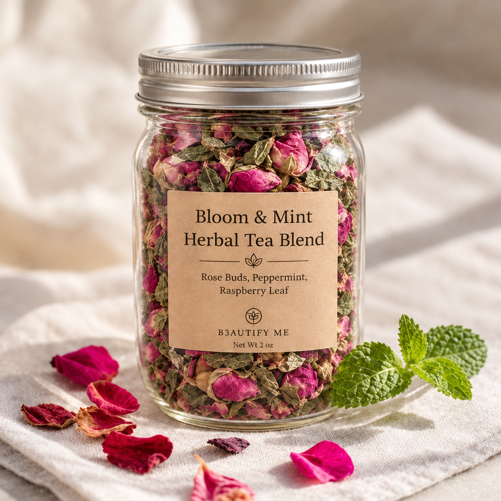 Bloom & Mint Herbal Tea Blend in a metal-top mason jar, 2 oz
