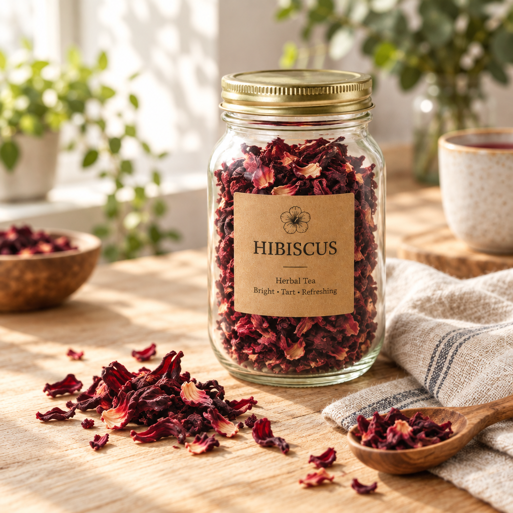 Hibiscus herb tea, styled background
